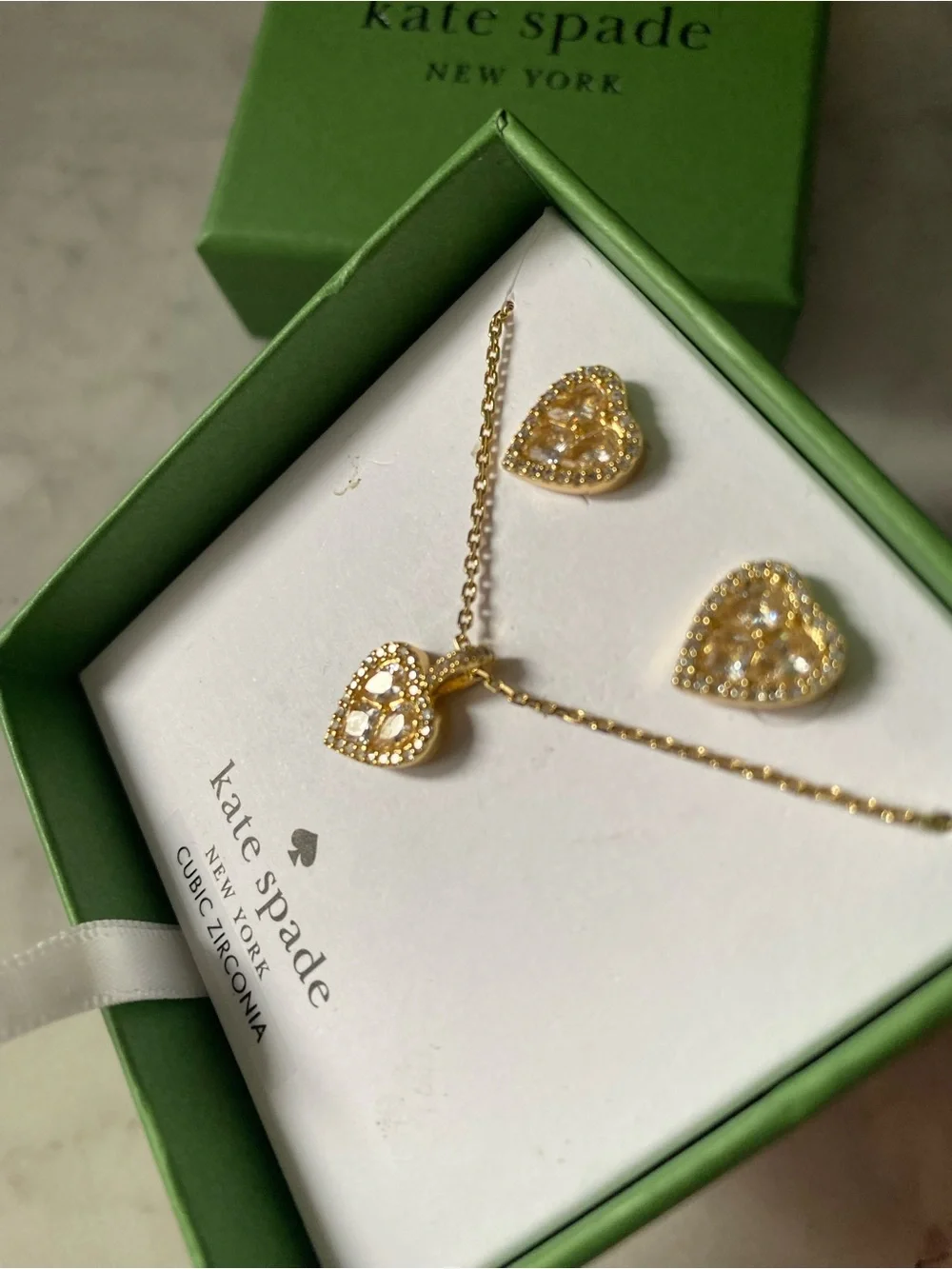 Kate Spade “Spell It Out” Gold/clear Heart Shaped Necklace And Earring Set New